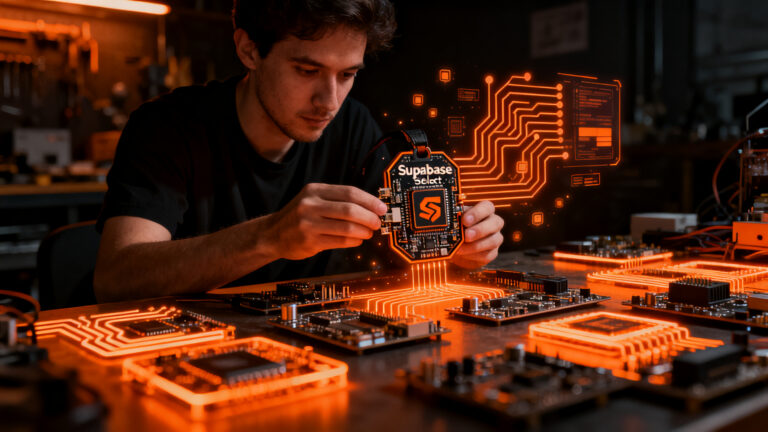 Ingenieros desarrollando hardware personalizado para el evento Supabase Select 2026, representando innovación en comunidad y tecnología.