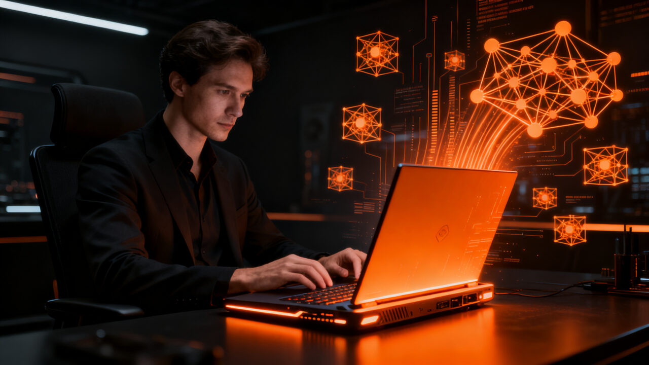 Profesional trabajando con Microsoft Surface Laptop Ultra, representando potencia de IA local y computación avanzada.