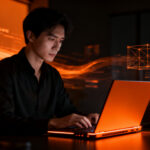 Usuario profesional utilizando un Surface Laptop Ultra con potencia de IA local, reflejando agentes inteligentes y computación de alto rendimiento.