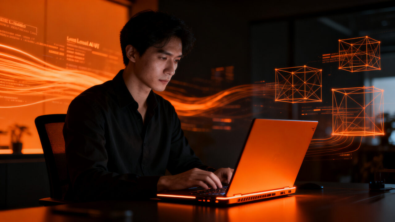 Usuario profesional utilizando un Surface Laptop Ultra con potencia de IA local, reflejando agentes inteligentes y computación de alto rendimiento.