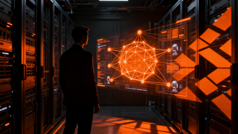 Líder tecnológico supervisando una red de infraestructura digital, representando la ciberseguridad avanzada y el control de agentes de IA en empresas.