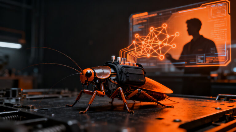 Cucaracha cyborg equipada con tecnología de IA y sensores para aplicaciones de defensa y biorrobótica, desarrollada por SWARM Biotactics.