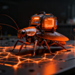 Cucaracha cyborg equipada con tecnología de sensores e IA, representando el avance de la biorrobótica en el sector defensa.