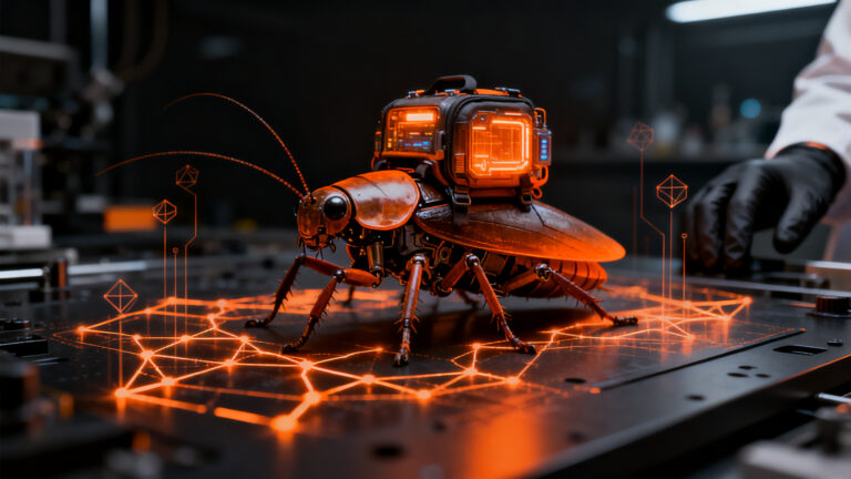 Cucaracha cyborg equipada con tecnología de sensores e IA, representando el avance de la biorrobótica en el sector defensa.