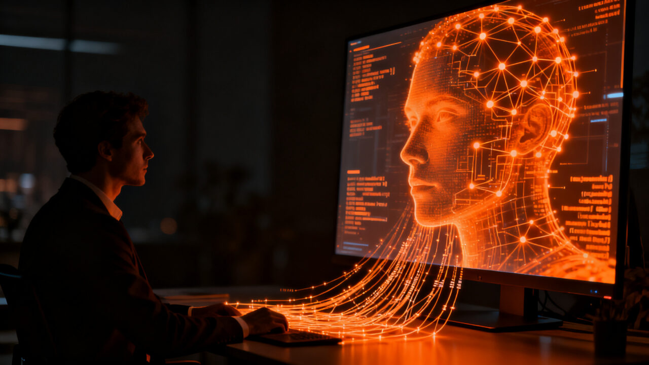 Representación conceptual de un humano frente a una interfaz de IA que difumina la realidad, simbolizando el test de Turing en videollamadas.