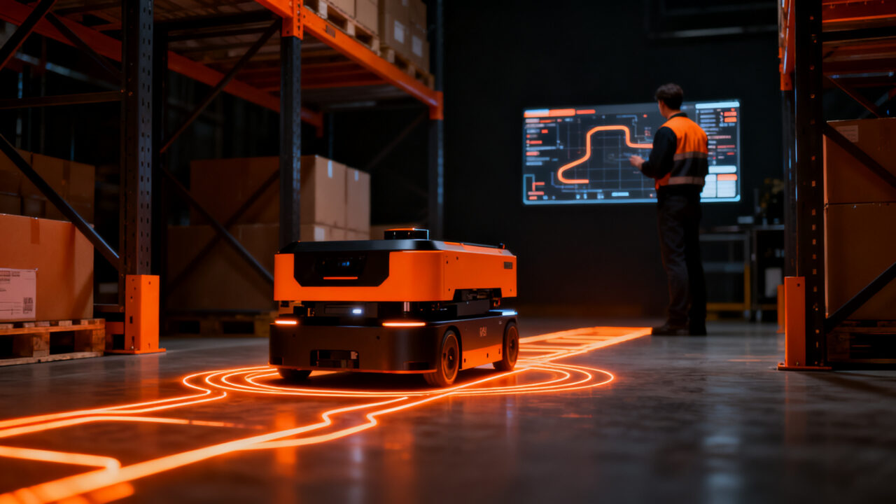 Robot móvil autónomo de KUKA integrado en un almacén inteligente, representando la automatización industrial y la convergencia entre TI y OT en el canal tecnológico.