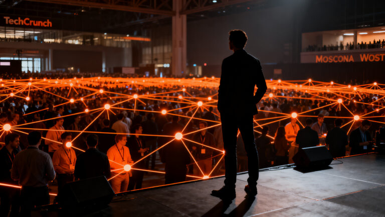 Fundadores de startups en networking en TechCrunch Disrupt San Francisco 2026, buscando inversión y conexiones clave.