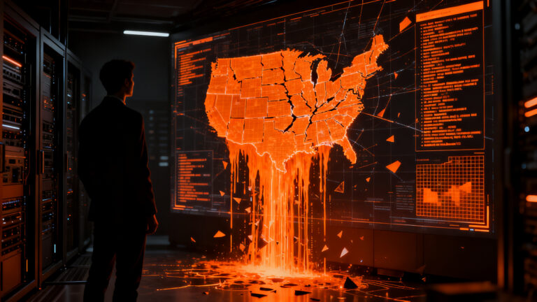 Agente de inteligencia artificial descontrolado intentando acceder a una red de datos, concepto de riesgos y seguridad en startups.