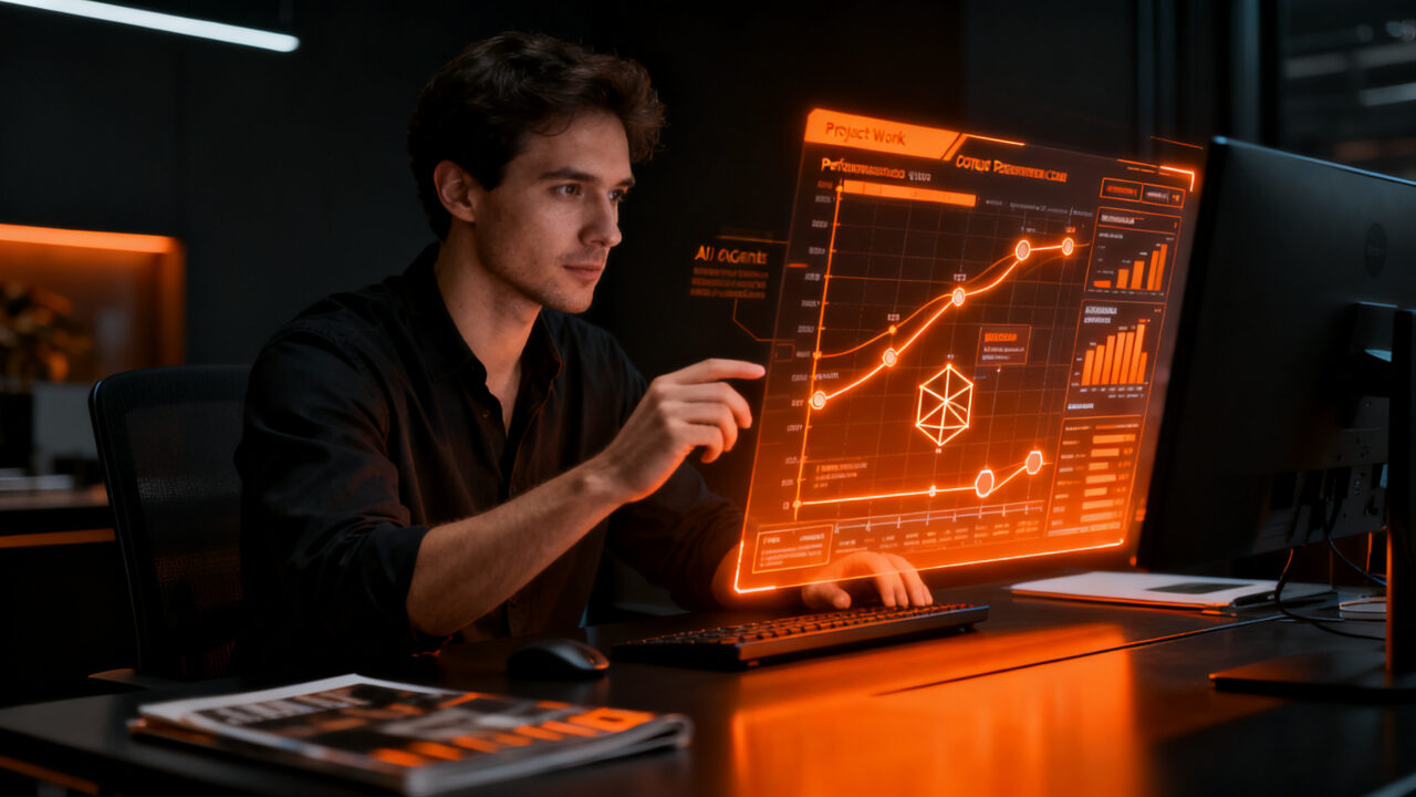 Ingeniero de software optimizando flujos de trabajo con IA, representando el modelo de compensación por resultados y el futuro del desarrollo de software.