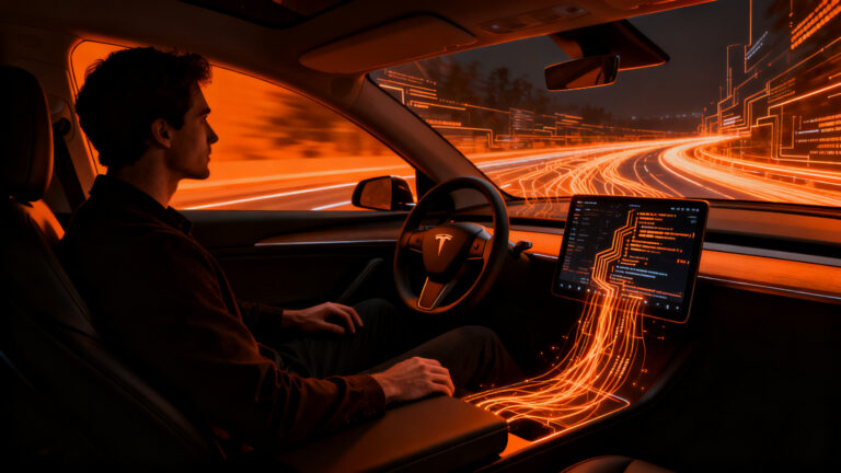 Silueta de conductor interactuando con una interfaz de conducción autónoma de Tesla, simbolizando el cambio hacia un modelo de negocio basado en software.