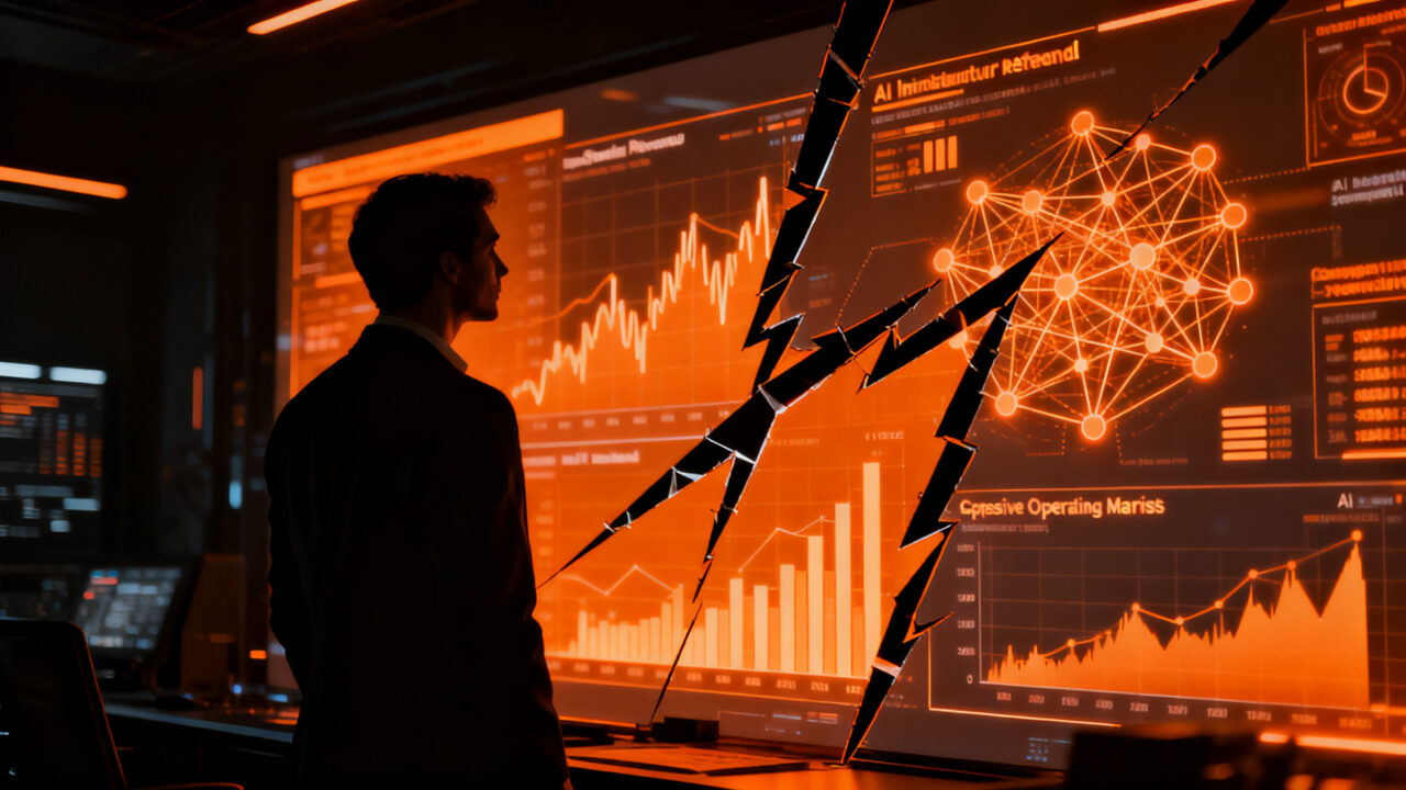 Grafico financiero de Tesla con silueta de ejecutivo analizando caida de beneficios e inversion en inteligencia artificial.