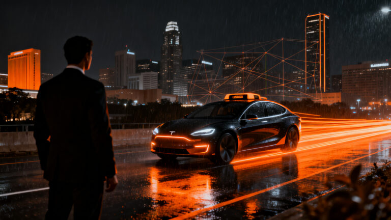 Tesla Cybercab expandiéndose en Dallas, representando la competencia en el mercado de robotaxis y la autonomía escalable.