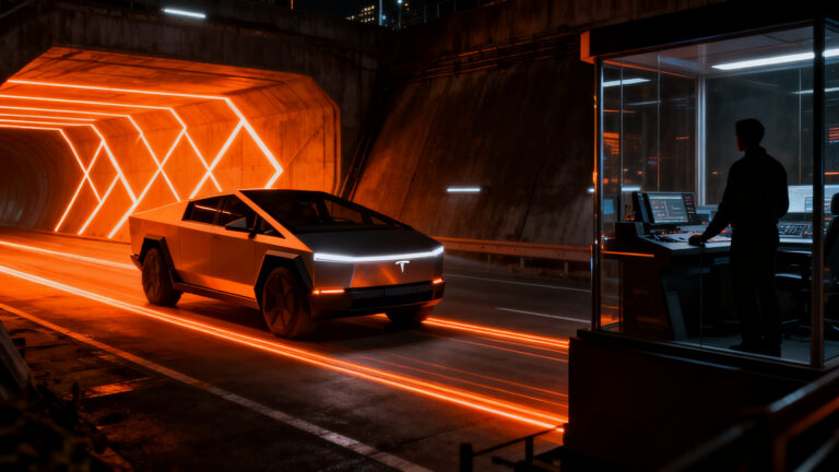 Tesla Cybercab en un entorno urbano futurista, representando el futuro de la movilidad autónoma y los desafíos de seguridad.