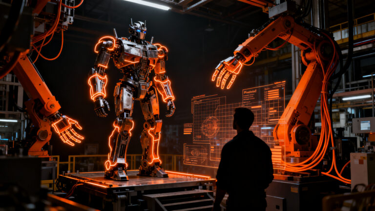 Robot humanoide Optimus de Tesla en una línea de producción industrial, representando los retos de la robótica avanzada.
