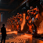 Producción de robots humanoides Optimus de Tesla en fábrica, representando los retos de la automatización y resultados financieros.