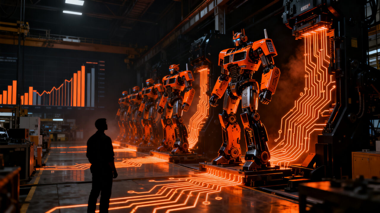 Producción de robots humanoides Optimus de Tesla en fábrica, representando los retos de la automatización y resultados financieros.