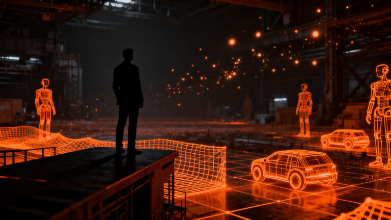 Elon Musk observando un horizonte tecnológico de robots y vehículos autónomos, analizando la realidad detrás de las promesas de Tesla.