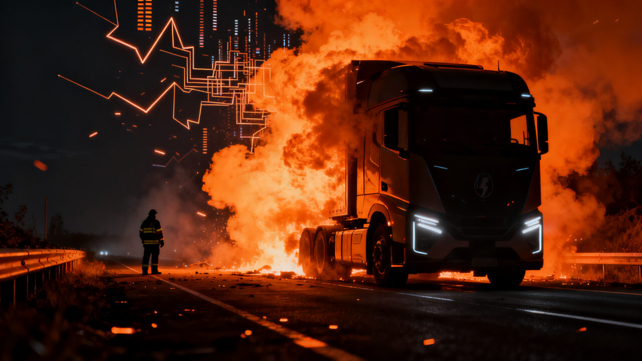 Incendio de un Tesla Semi en autopista, analizando los retos de seguridad y riesgos en la logística eléctrica.