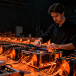 Ingeniero trabajando en hardware de minería de Bitcoin, representando la adopción del Mining Development Kit de Tether en startups tecnológicas.