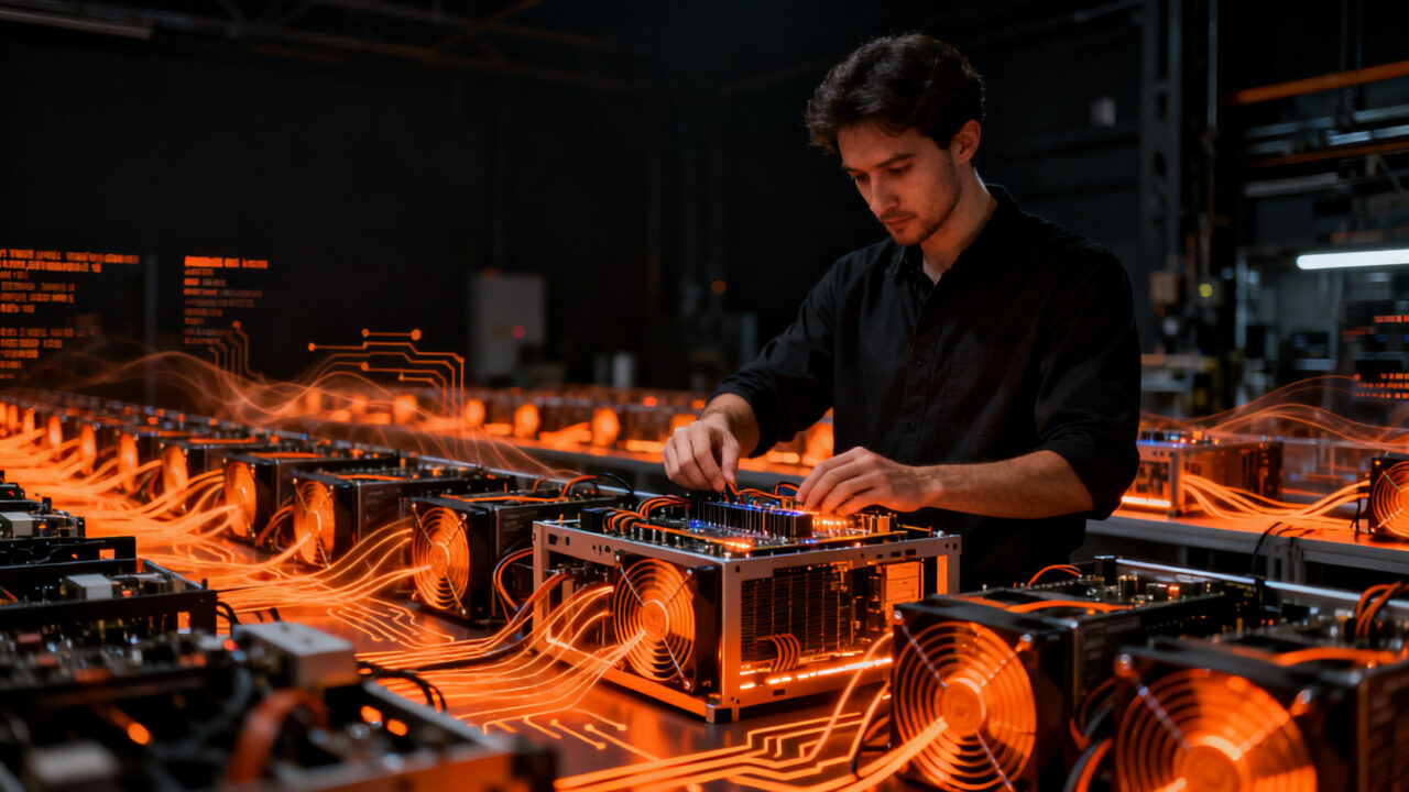 Ingeniero trabajando en hardware de minería de Bitcoin, representando la adopción del Mining Development Kit de Tether en startups tecnológicas.