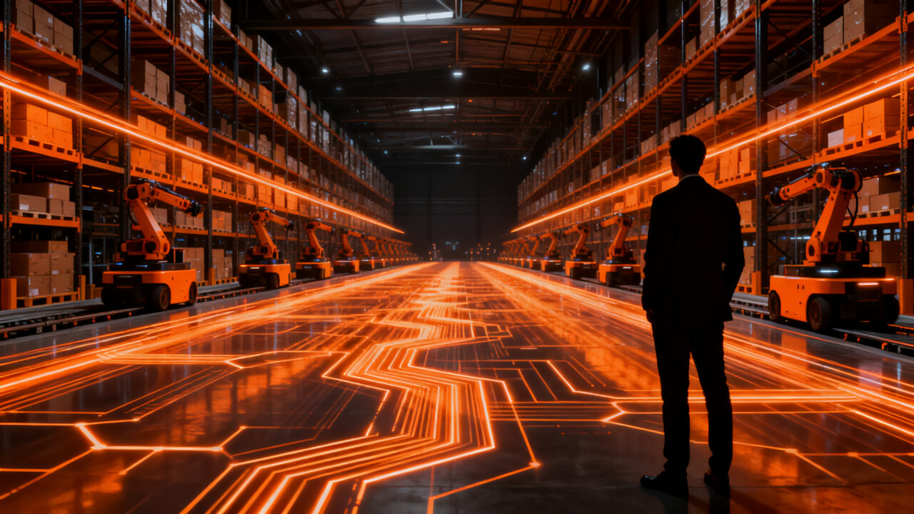 Almacén automatizado de alta tecnología con robótica avanzada, representando el crecimiento y la inversión en intralogística de TGW Logistics.