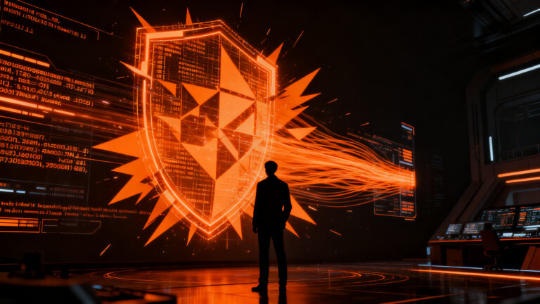 Ejecutivo analizando amenazas de ciberseguridad impulsadas por inteligencia artificial en un entorno digital avanzado.