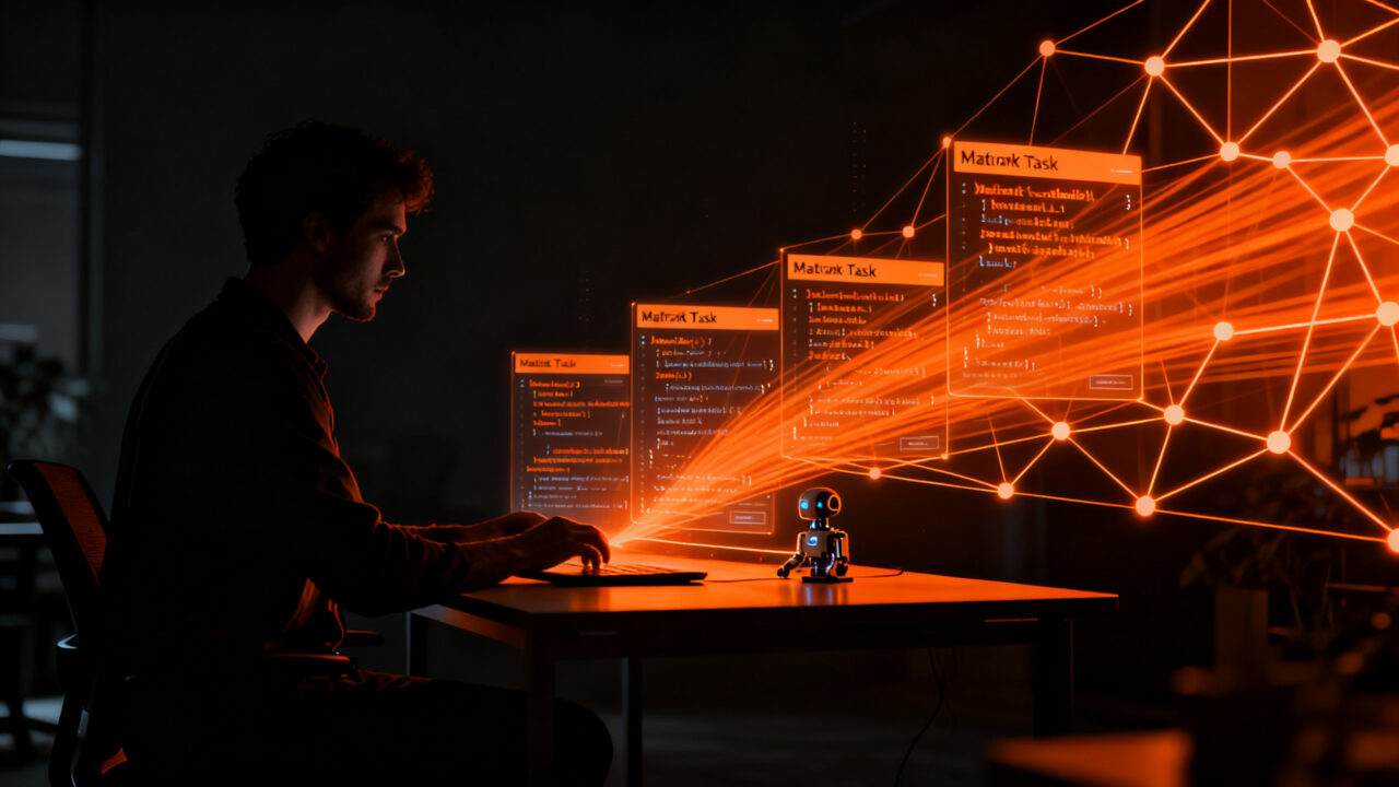 Ingeniero de software integrando tareas como código en un flujo de trabajo de Git para agentes de IA.