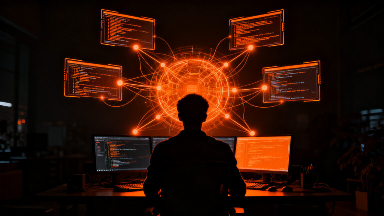 Desarrollador gestionando múltiples agentes de IA en terminal con tmux y Claude Code para automatización avanzada.