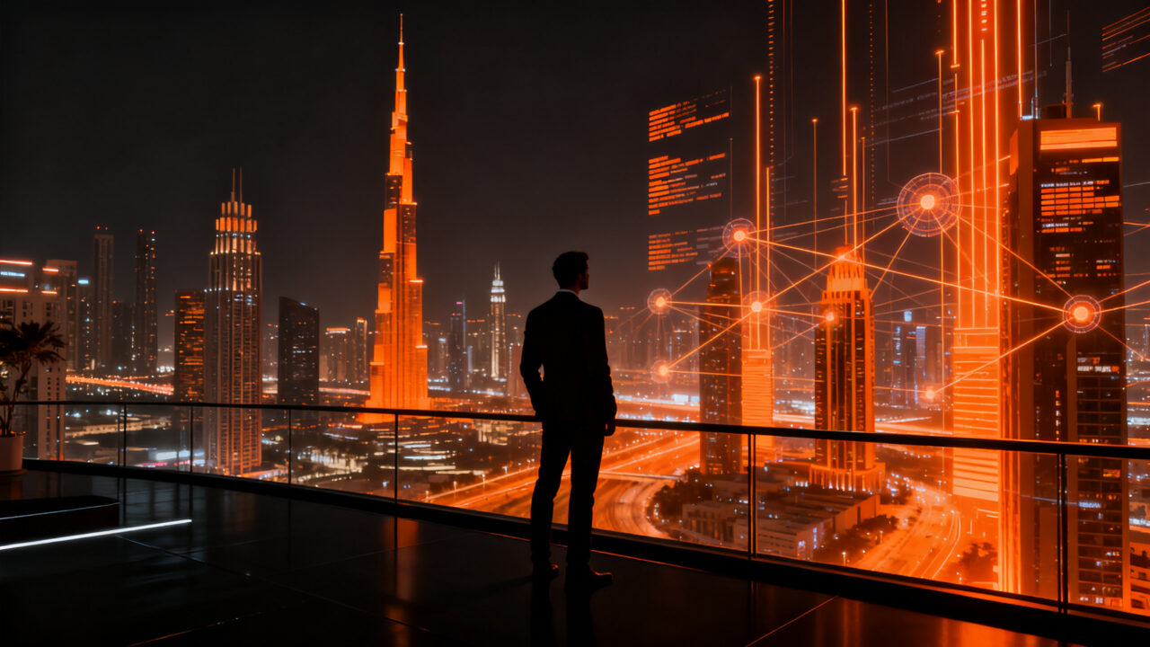 Escena futurista de networking en TOKEN2049, representando la conexión global en la industria Web3 y criptomonedas.