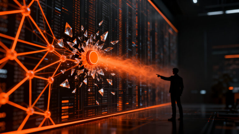 Representación conceptual de IA analizando seguridad digital y bloqueando malware en torrents, simbolizando ciberseguridad avanzada.