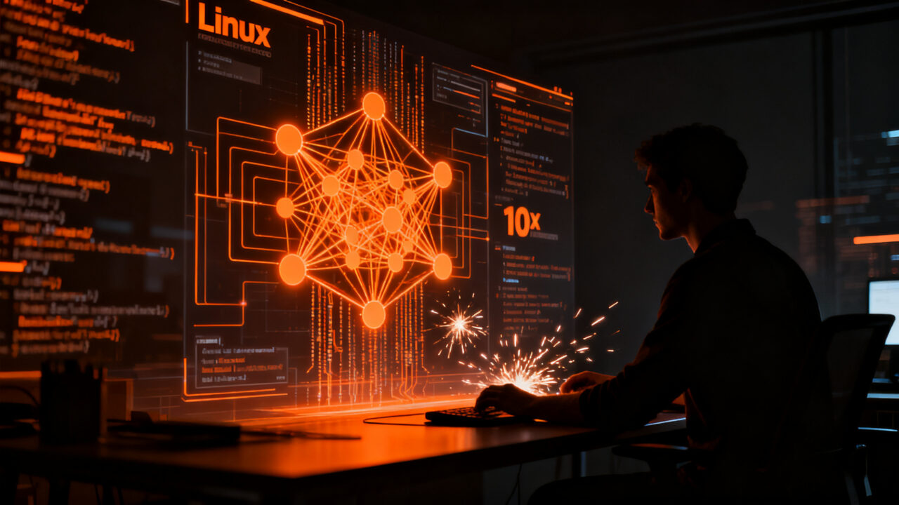 Linus Torvalds integrando inteligencia artificial en el desarrollo del kernel Linux, simbolizando la evolución del software.