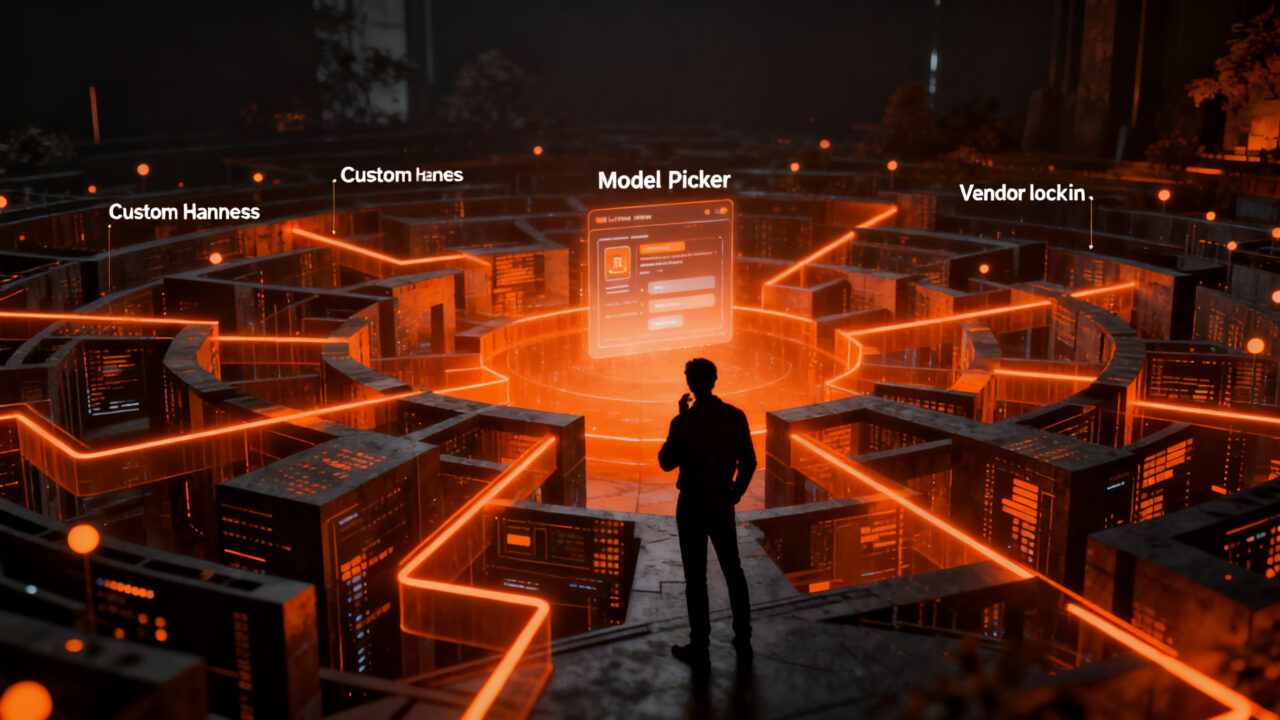 Emprendedor frente a un laberinto de conexiones tecnológicas representando la trampa del vendor lock-in en startups de IA.