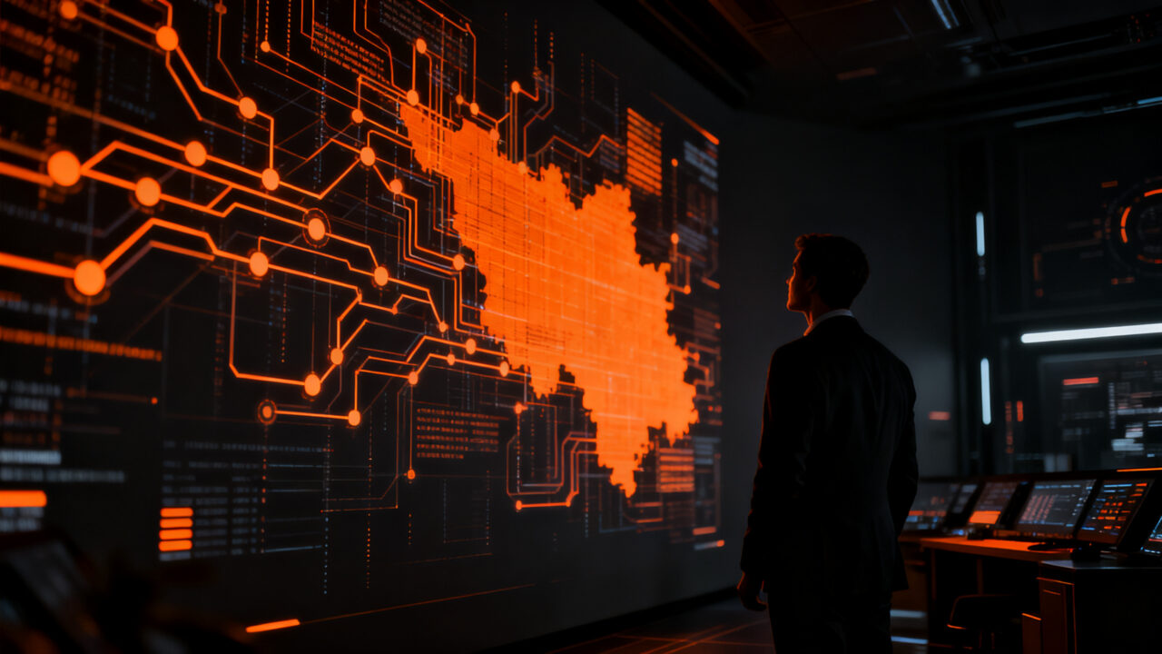 Empresario analizando datos complejos de inteligencia artificial en una oficina moderna, representando el desafío de la transformación digital en pymes.