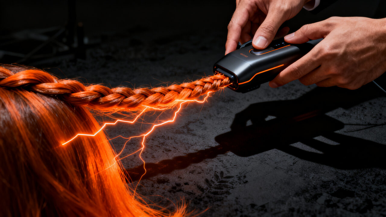 Fundadora de startup beauty tech utilizando herramienta innovadora para el trenzado de cabello, representando la evolución del hardware de belleza.