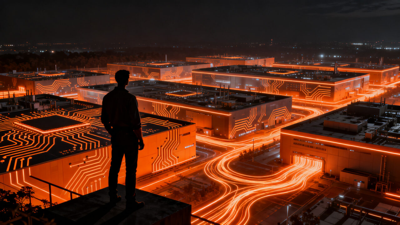 Ingeniero observando un complejo de fábricas de semiconductores de TSMC en Texas, simbolizando la expansión masiva de la industria de chips.