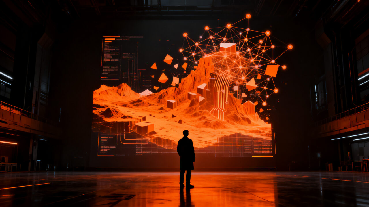 Investigador analizando el futuro del turismo postauténtico y la inteligencia artificial en una interfaz inmersiva.