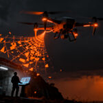 Dron militar bajo control de infraestructura crítica Starlink en el conflicto de Ucrania, ilustrando la dependencia tecnológica.