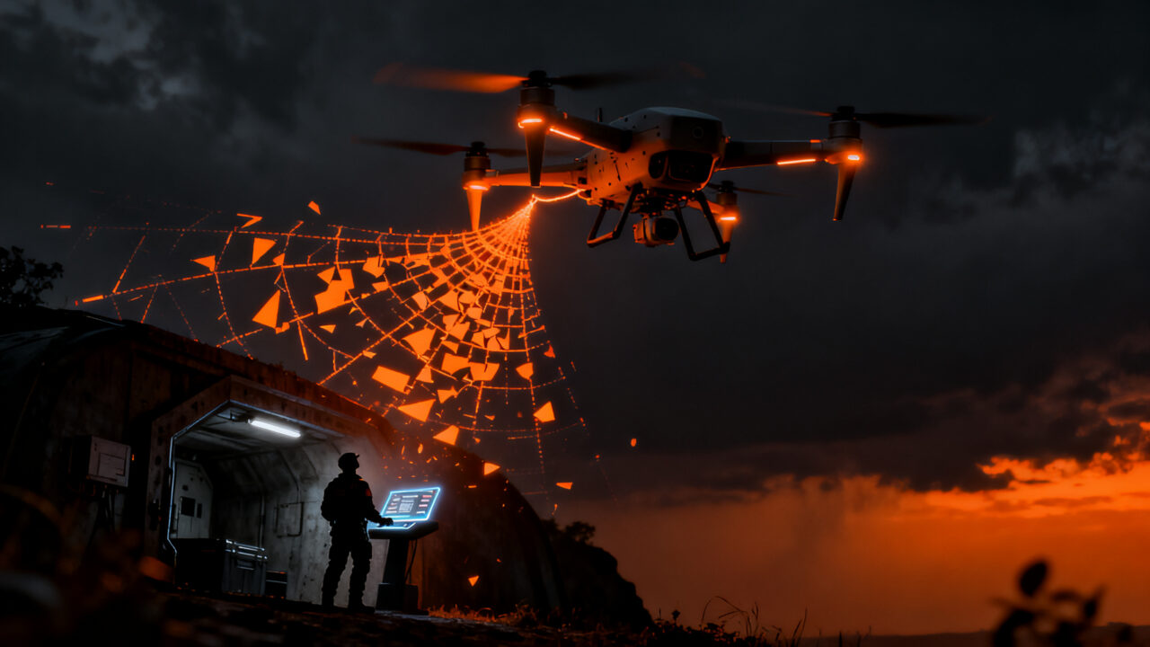 Dron militar bajo control de infraestructura crítica Starlink en el conflicto de Ucrania, ilustrando la dependencia tecnológica.