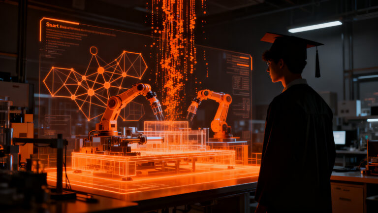 Estudiante de posgrado interactuando con una interfaz de inteligencia artificial en el contexto de la Industria 4.0 y automatización.
