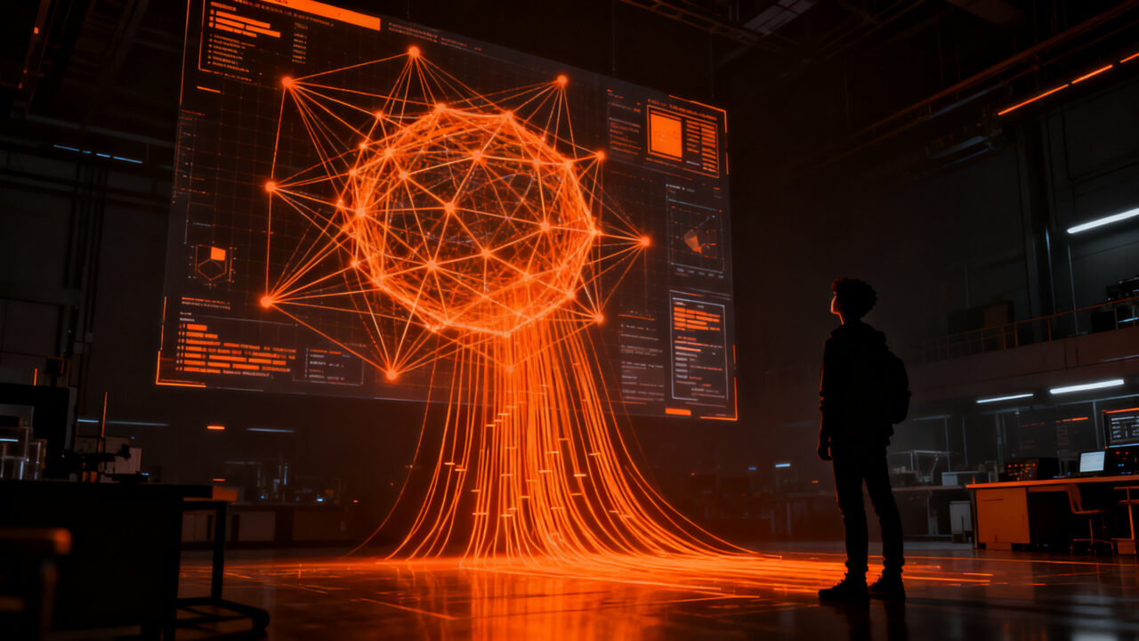 Estudiante de ingeniería frente a una red neuronal, representando las nuevas carreras de IA y el futuro laboral en Perú.