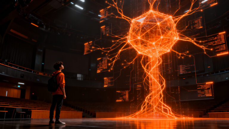 Estudiante universitario frente a una red de inteligencia artificial, representando la nueva carrera de Ingeniería en IA en Perú y la demanda de talento tech.