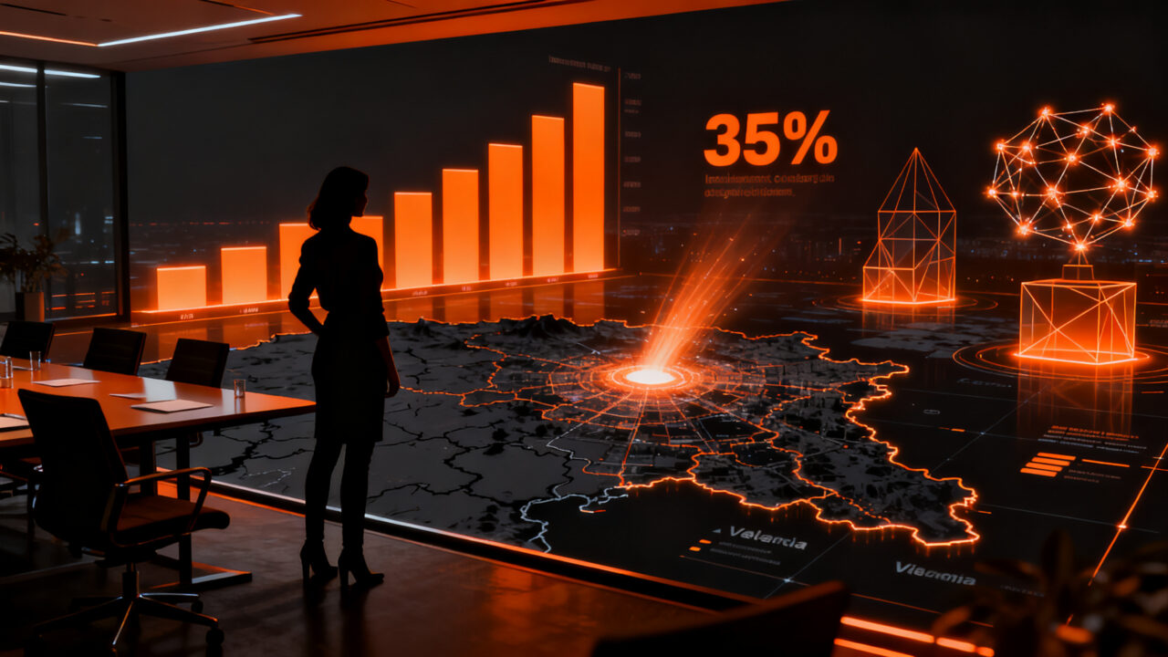 Representación de la brecha de género en el ecosistema startup de Valencia con una emprendedora frente a datos de inversión y tecnología.