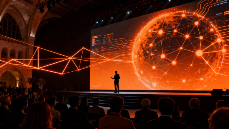 Escenario futurista de VDS 2026 en Valencia con ponentes y unicornios tecnológicos representando la innovación global.