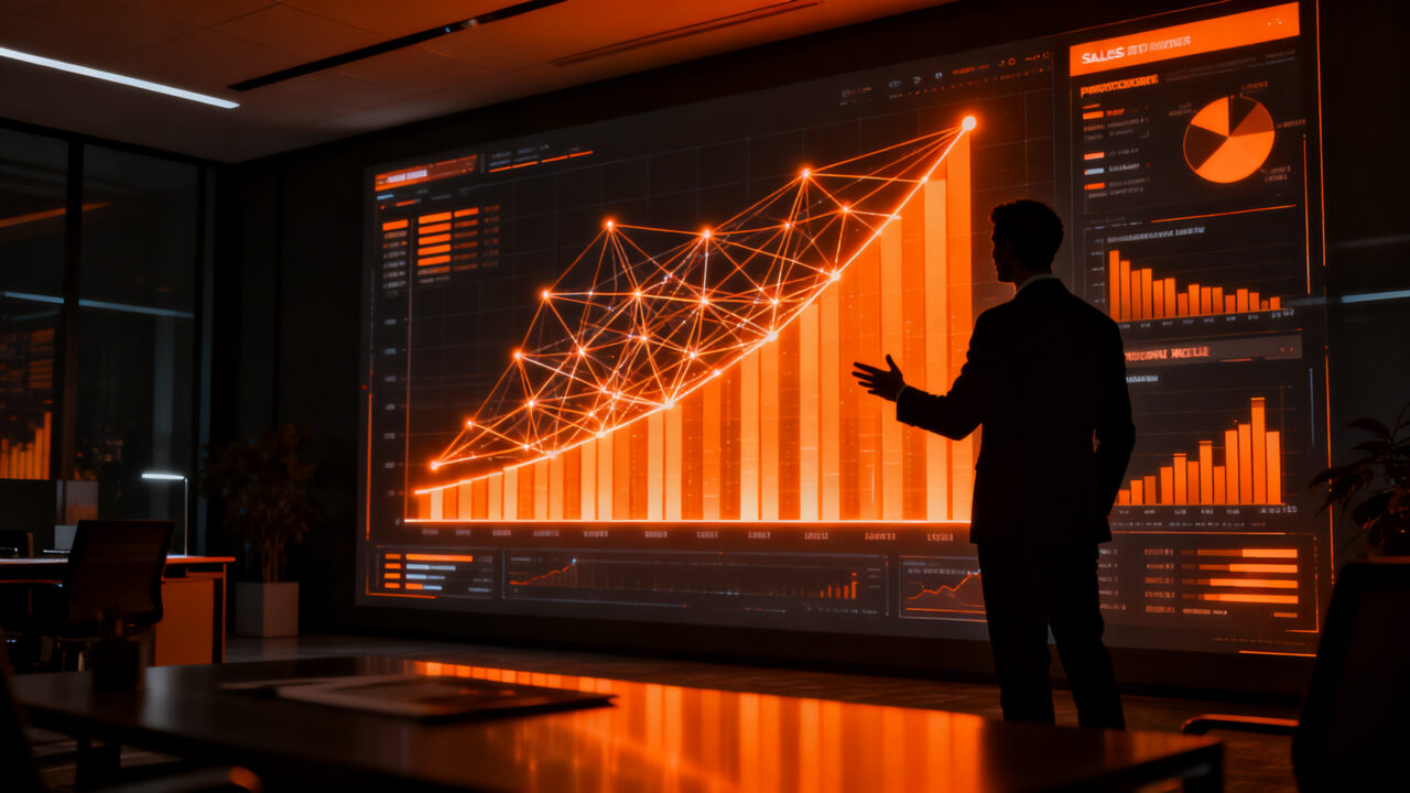 Vendedor técnico especializado en inteligencia artificial analizando métricas de ventas en un entorno corporativo digital.