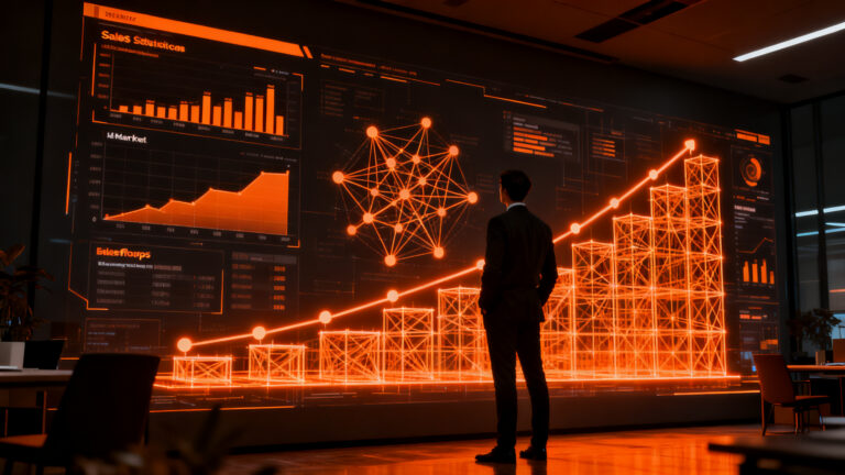 Profesional analizando datos de ventas con inteligencia artificial en un entorno corporativo moderno en Argentina.