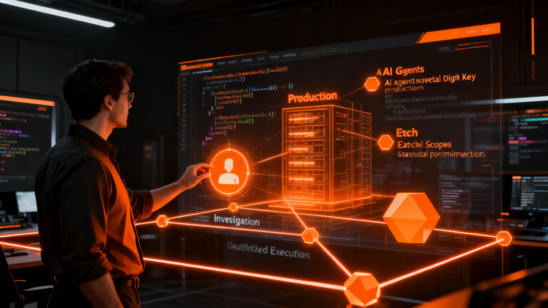 Representación visual de Vercel Agent operando con seguridad en un entorno de IA, mostrando control de acceso y arquitectura de despliegue.