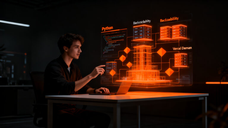 Desarrollador trabajando en backend con Python y contenedores en Vercel, simbolizando la evolución de la infraestructura DevOps.