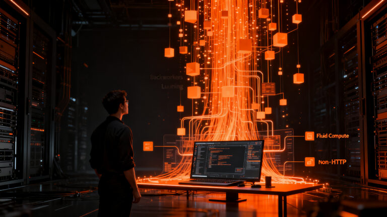 Arquitecto de software interactuando con una infraestructura invisible de workers y colas en un entorno digital futurista.