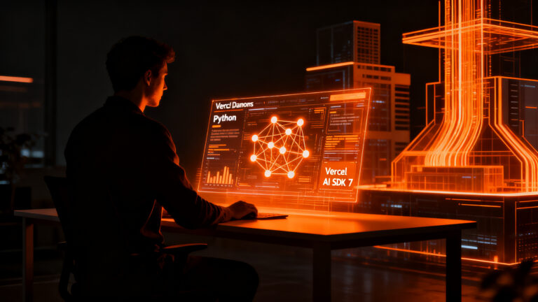 Desarrollador trabajando con agentes de IA y Python en la infraestructura de Vercel AI SDK 7 para producción.