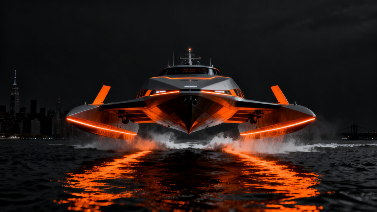 El ferry eléctrico VS-9 de Vessev con tecnología de hidroalas navegando en el East River de Nueva York, representando la innovación en movilidad urbana sostenible.
